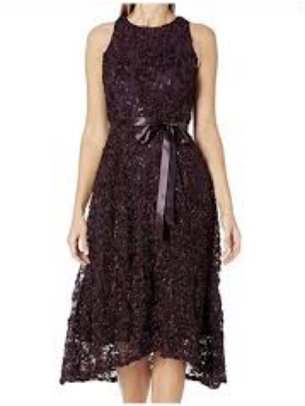 Tahari Purple Sleeveless Lace Sequin Dress with Satin Tie